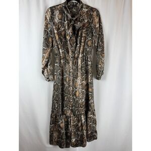 Zara Snakeskin Print Midi Dress Tie Neck Long Sleeve Brown‎ Animal Print